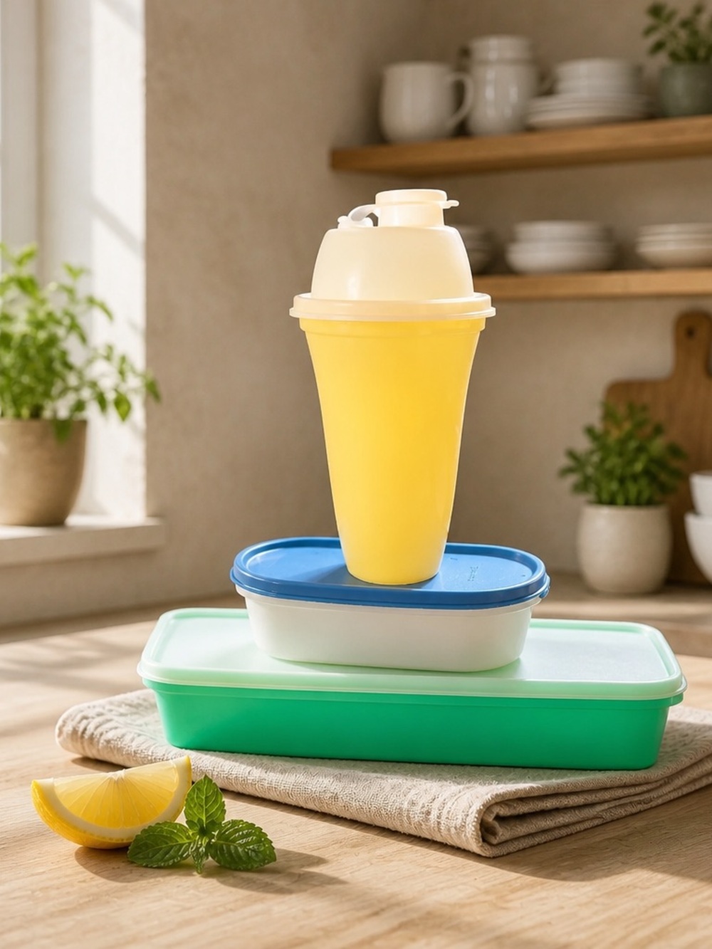 Yellow Mixer Bottle & Green Food Storage with Butter Container- Home Dining